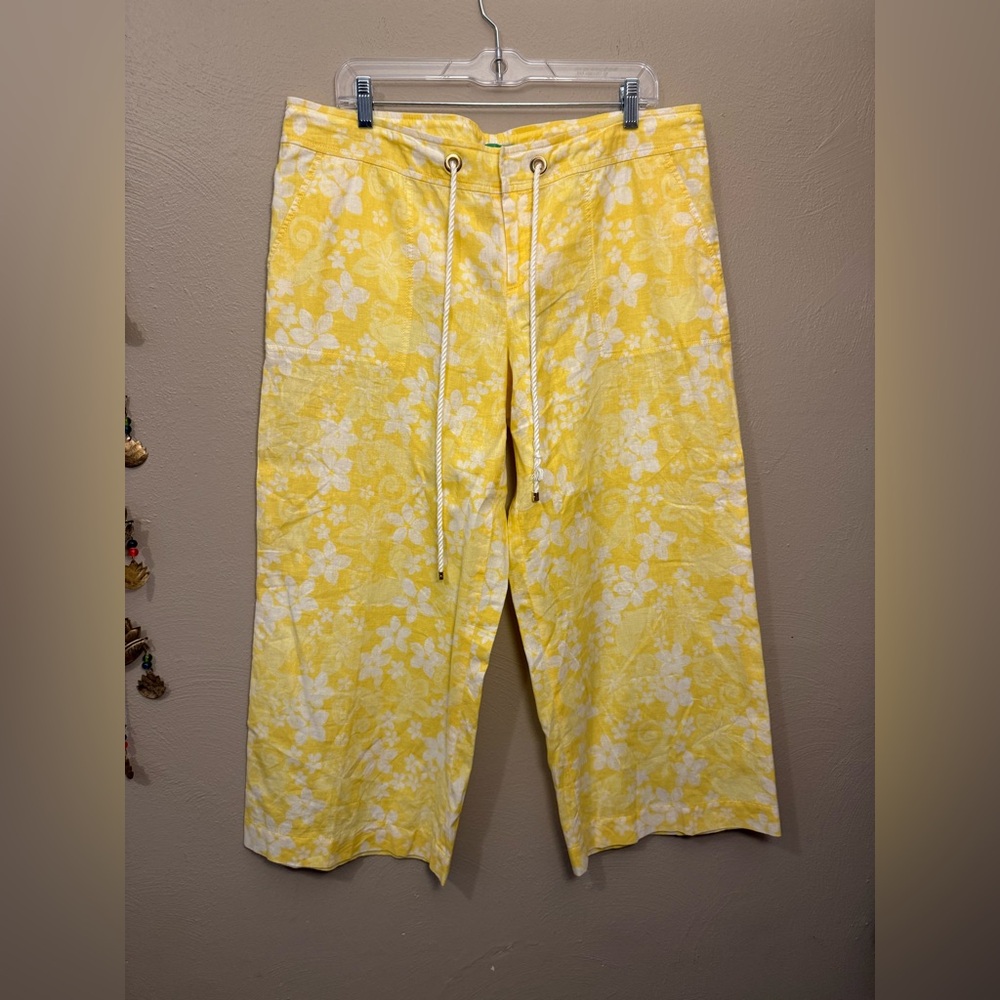 Lilly Pulitzer Palm Beach Fit Wide Leg Pants Yellow Floral Cropped Size 14